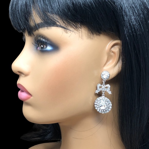 Clear Rhinestones Silver Unique Bow Tie Disk Fancy Formal Post Drop Earrings - Picture 3 of 3